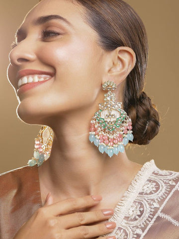 Gold-Plated Kundan & Green Enamel Chandbali Earrings with Pink & Aqua Blue Bead VitansEthnics