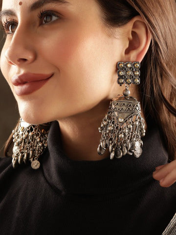 Women Oxidised Silver-Plated Antique Black Beaded Dome-Shaped Big Jhumka with Coin Accent VitansEthnics