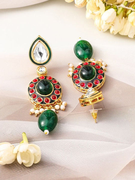 Women Gold-Plated Kundan & Green Beaded Choker Necklace Set with Red Stone Accents VitansEthnics