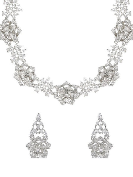 Women Rhodium-Plated AD-Studded Floral Motifs Detail Necklace & Earrings VitansEthnics