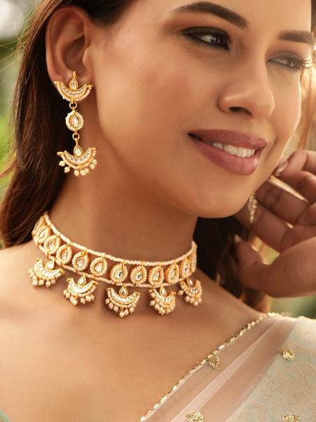 Gold-Plated Kundan & Pearl Beaded Handcrafted Traditional Choker Jewellery Set VitansEthnics