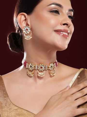 Gold-Plated Ruby,Emerald,Kundan & Floral MultiStrand Choker Set with Pearl Drop VitansEthnics