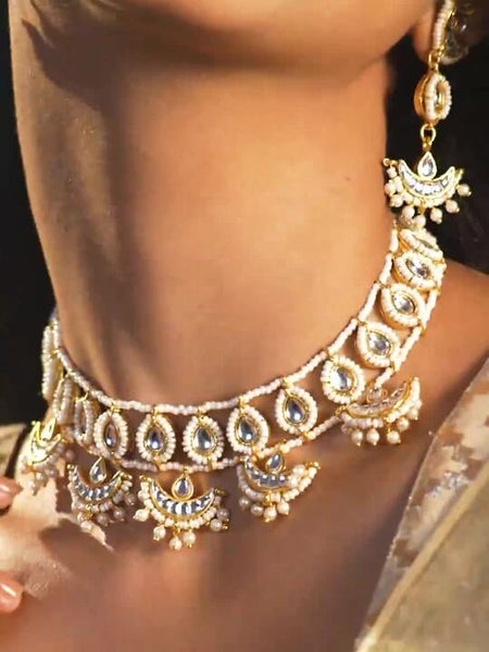 Gold-Plated Kundan & Pearl Beaded Handcrafted Traditional Choker Jewellery Set VitansEthnics