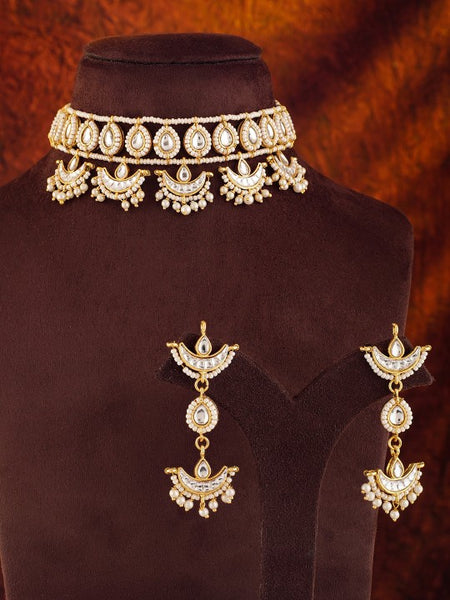 Gold-Plated Kundan & Pearl Beaded Handcrafted Traditional Choker Jewellery Set VitansEthnics