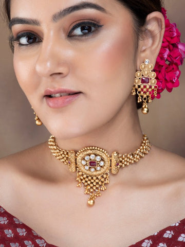 Gold Plated Ruby & White Kundan Studded Choker Jewellery Set with Golden Beads VitansEthnics