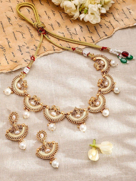 Gold-Plated Pearl and Kundan Studded Temple Necklace Set VitansEthnics