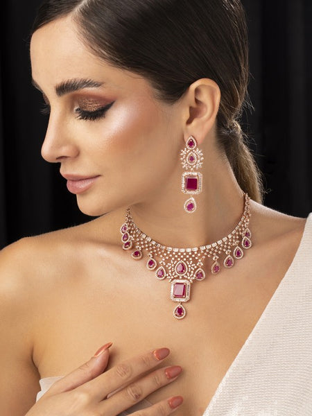 Rose Gold Plated Pink Sapphire & CZ Studded Handcrafted Premium Jewellery Set VitansEthnics