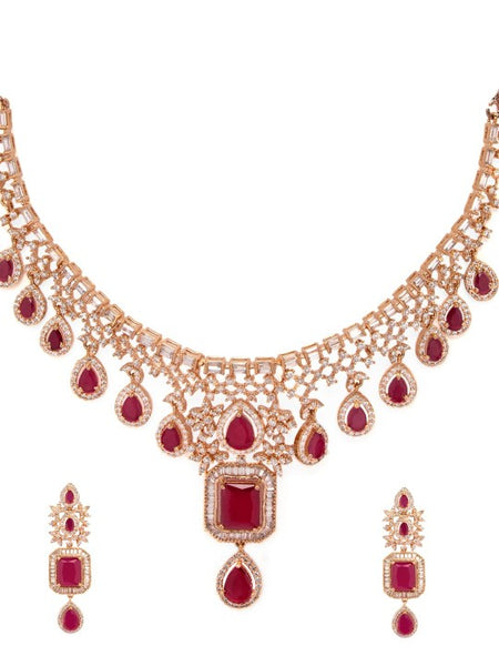 Rose Gold Plated Pink Sapphire & CZ Studded Handcrafted Premium Jewellery Set VitansEthnics