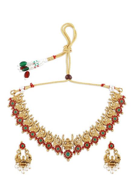 Gold-Plated Fuchsia Pink & Green Stone-Studded & Beaded Temple Jewellery Set VitansEthnics