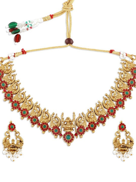 Gold-Plated Fuchsia Pink & Green Stone-Studded & Beaded Temple Jewellery Set VitansEthnics