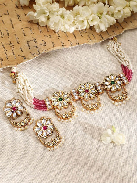 Gold-Plated Ruby,Emerald,Kundan & Floral MultiStrand Choker Set with Pearl Drop VitansEthnics