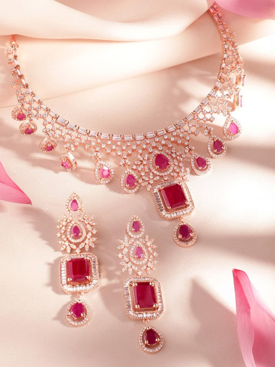 Rose Gold Plated Pink Sapphire & CZ Studded Handcrafted Premium Jewellery Set VitansEthnics