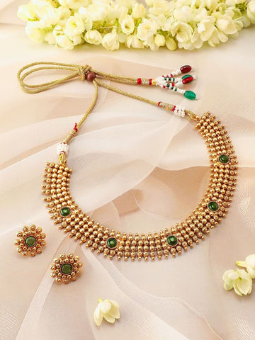 Gold-Plated Ruby Pink Studded Traditional Choker Necklace Set with Gold Beads (Copy) VitansEthnics