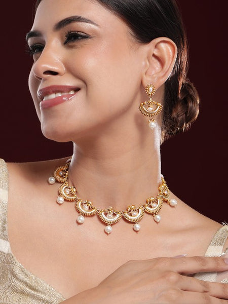 Gold-Plated Pearl and Kundan Studded Temple Necklace Set VitansEthnics