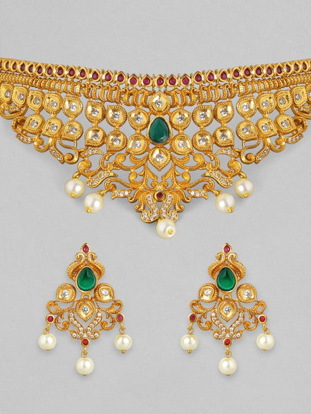 Gold-Plated White & Green Stone Studded Pearl Handcrafted Choker Set VitansEthnics