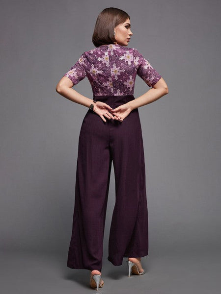 Women's Purple V-Neck Printed Flared Leg Fusion Jumpsuit VitansEthnics