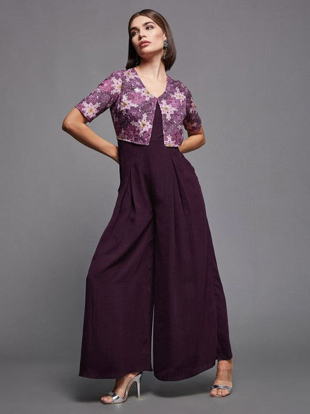 Women's Purple V-Neck Printed Flared Leg Fusion Jumpsuit VitansEthnics