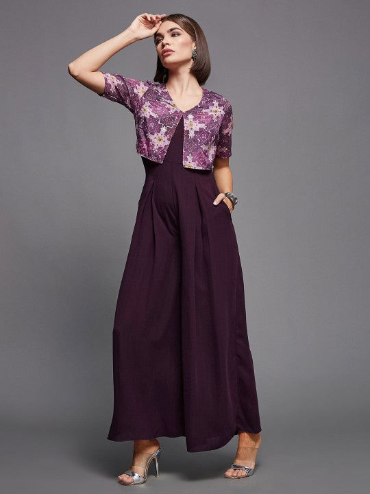 Women's Purple V-Neck Printed Flared Leg Fusion Jumpsuit VitansEthnics