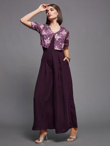 Women's Purple V-Neck Printed Flared Leg Fusion Jumpsuit VitansEthnics