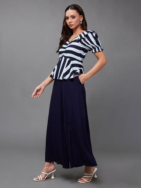 Women Navy blue and white striped Indo Western V-neck Fusion Jumpsuit VitansEthnics