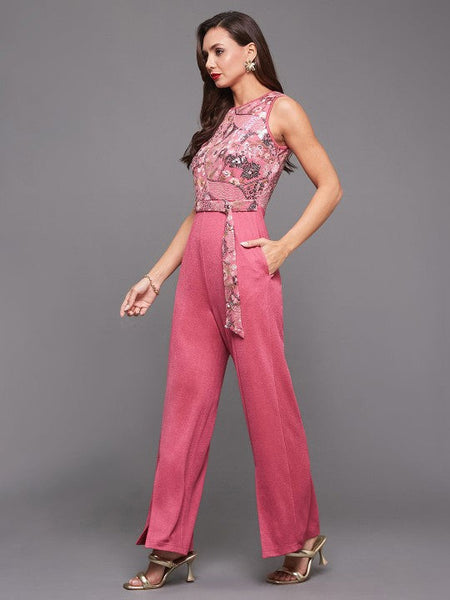 Women's Round Neck Sleeveless Embroidered Straight Leg Regular-Length Jumpsuit VitansEthnics