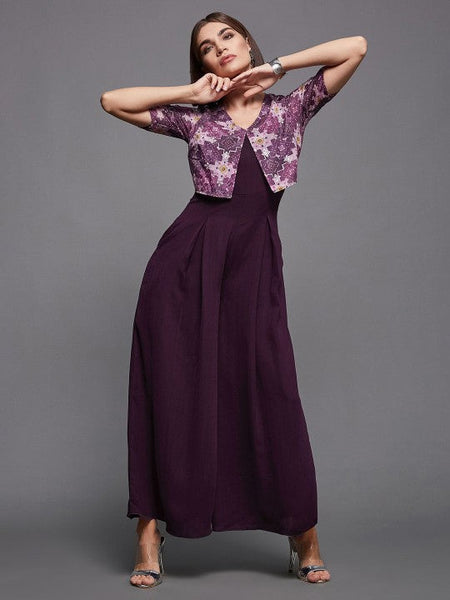 Women's Purple V-Neck Printed Flared Leg Fusion Jumpsuit VitansEthnics