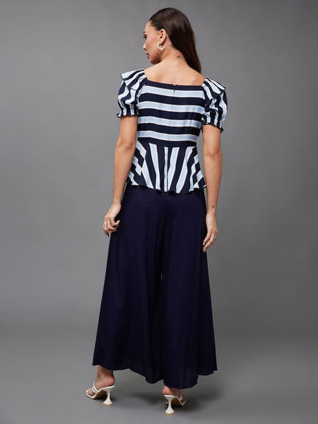Women Navy blue and white striped Indo Western V-neck Fusion Jumpsuit VitansEthnics