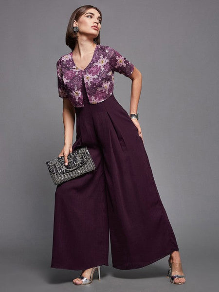 Women's Purple V-Neck Printed Flared Leg Fusion Jumpsuit VitansEthnics