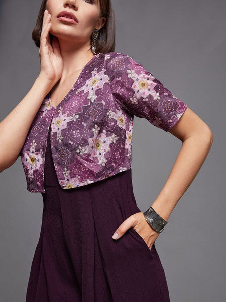 Women's Purple V-Neck Printed Flared Leg Fusion Jumpsuit VitansEthnics