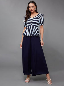 Women Navy blue and white striped Indo Western V-neck Fusion Jumpsuit VitansEthnics