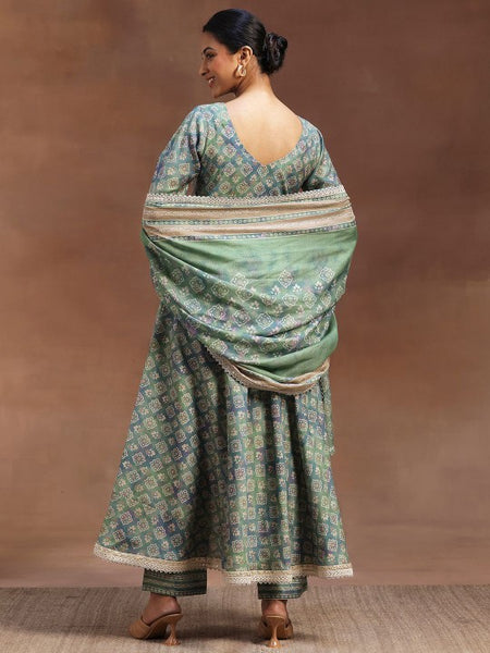 Women Ethnic Motifs Printed Zari Panelled Flared Kurta With Trouser & Dupatta
