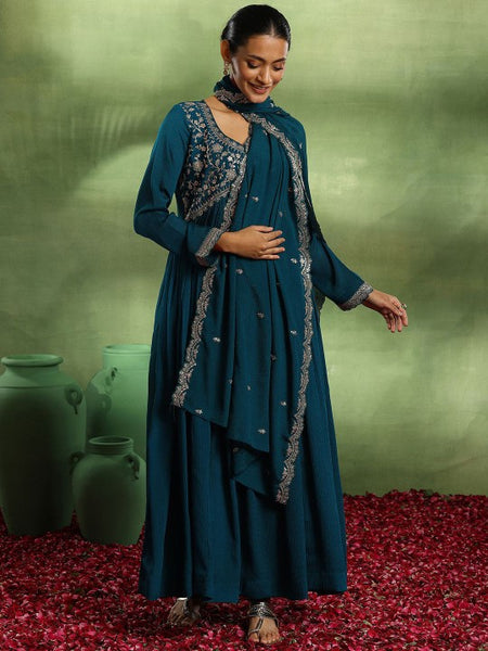 Floral Yoke Design Pleated Zari & Sequinned A-Line Kurta With Trousers & Dupatta Set