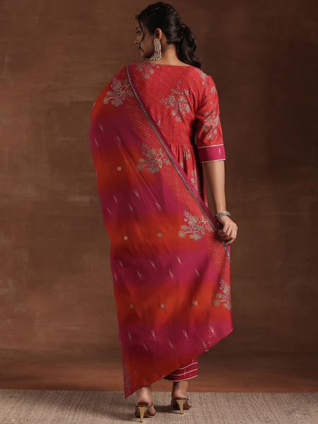 Women Floral Printed Pleated Mirror Work Anarkali Kurta with Trousers & Dupatta