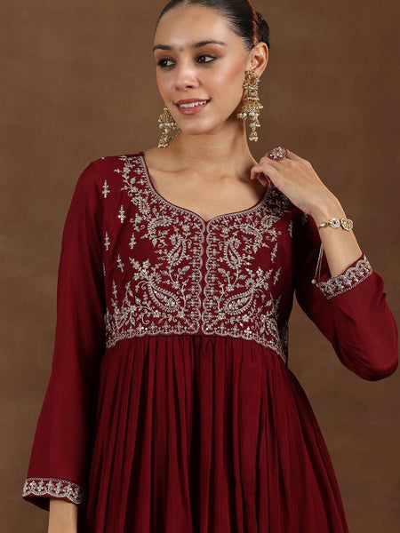 Floral Yoke Design Zari Anarkali Kurta with Trousers & Dupatta Set