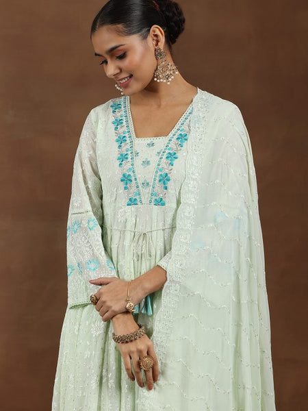 Women Floral Embroidered Panelled Thread Work Anarkali Kurta with Palazzos & With Dupatta