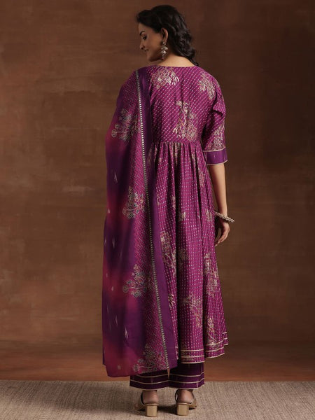 Women Floral Printed Pleated Mirror Work Anarkali Kurta with Trousers & Dupatta