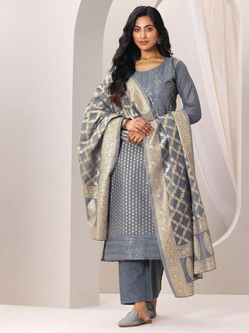 Women Floral Zari Woven Design Chanderi Silk Straight Kurta With Trousers & Dupatta Set VitansEthnics