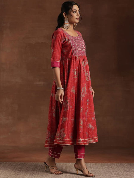 Women Floral Printed Pleated Mirror Work Anarkali Kurta with Trousers & Dupatta
