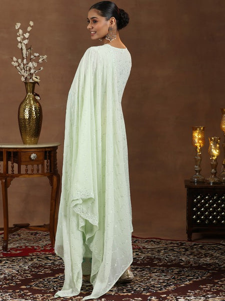 Women Floral Embroidered Panelled Thread Work Anarkali Kurta with Palazzos & With Dupatta