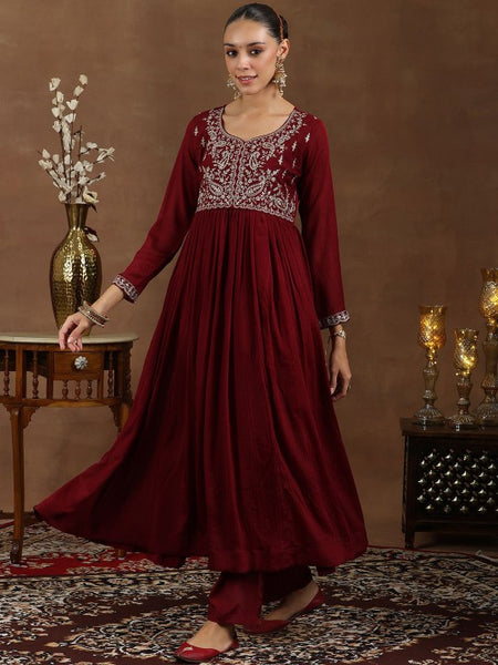 Floral Yoke Design Zari Anarkali Kurta with Trousers & Dupatta Set