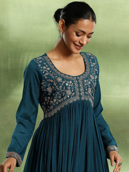 Floral Yoke Design Pleated Zari & Sequinned A-Line Kurta With Trousers & Dupatta Set