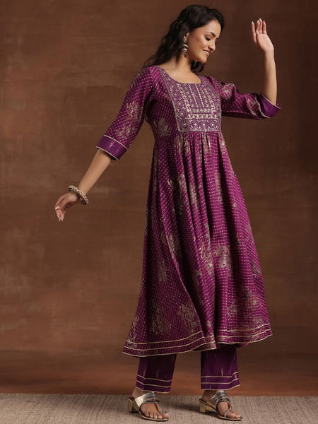 Women Floral Printed Pleated Mirror Work Anarkali Kurta with Trousers & Dupatta