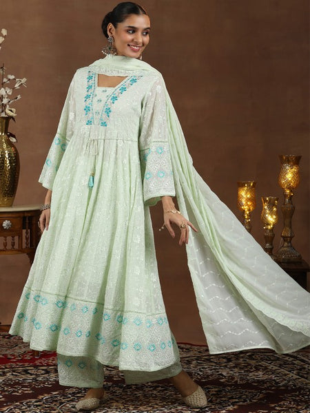 Women Floral Embroidered Panelled Thread Work Anarkali Kurta with Palazzos & With Dupatta