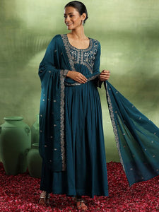 Floral Yoke Design Pleated Zari & Sequinned A-Line Kurta With Trousers & Dupatta Set