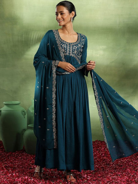 Floral Yoke Design Pleated Zari & Sequinned A-Line Kurta With Trousers & Dupatta Set