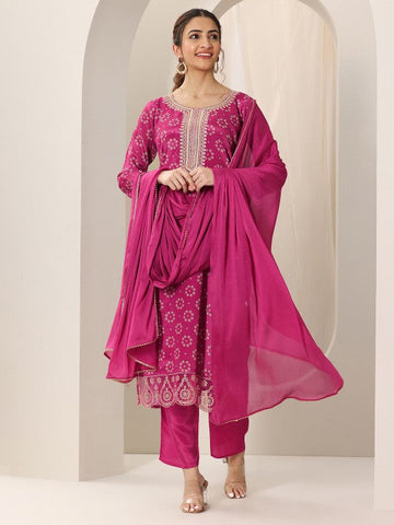 Women Bandhani Printed Round Neck Sequinned Straight Kurta With Trouser & Dupatta Set VitansEthnics