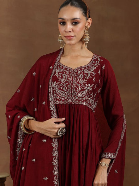 Floral Yoke Design Zari Anarkali Kurta with Trousers & Dupatta Set