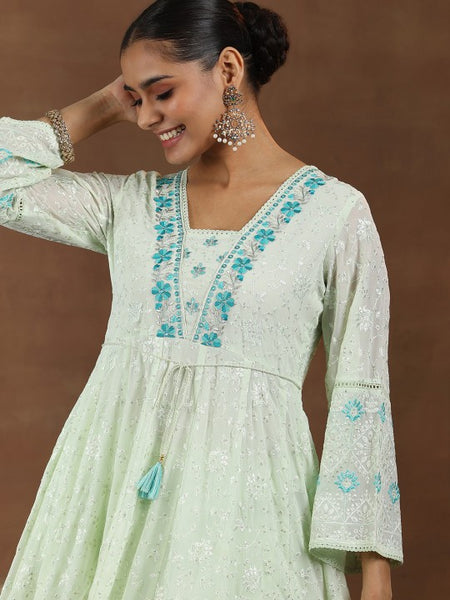 Women Floral Embroidered Panelled Thread Work Anarkali Kurta with Palazzos & With Dupatta
