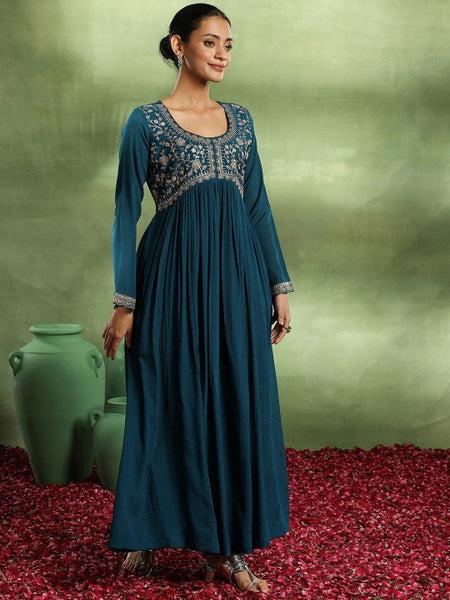 Floral Yoke Design Pleated Zari & Sequinned A-Line Kurta With Trousers & Dupatta Set