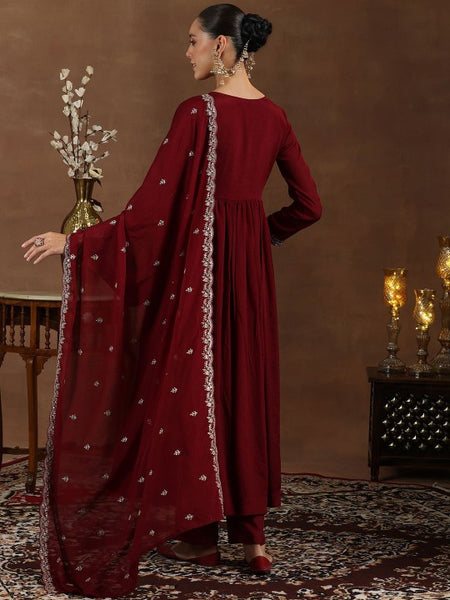 Floral Yoke Design Zari Anarkali Kurta with Trousers & Dupatta Set